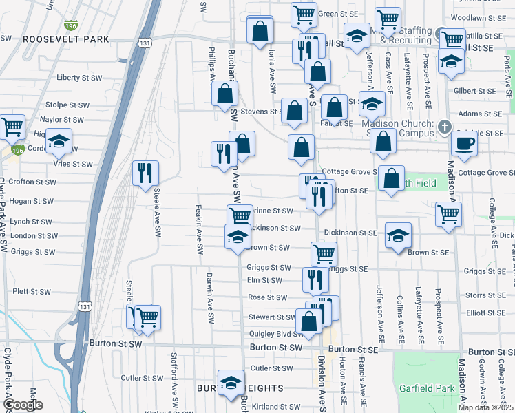 map of restaurants, bars, coffee shops, grocery stores, and more near 133 Corinne Street Southwest in Grand Rapids