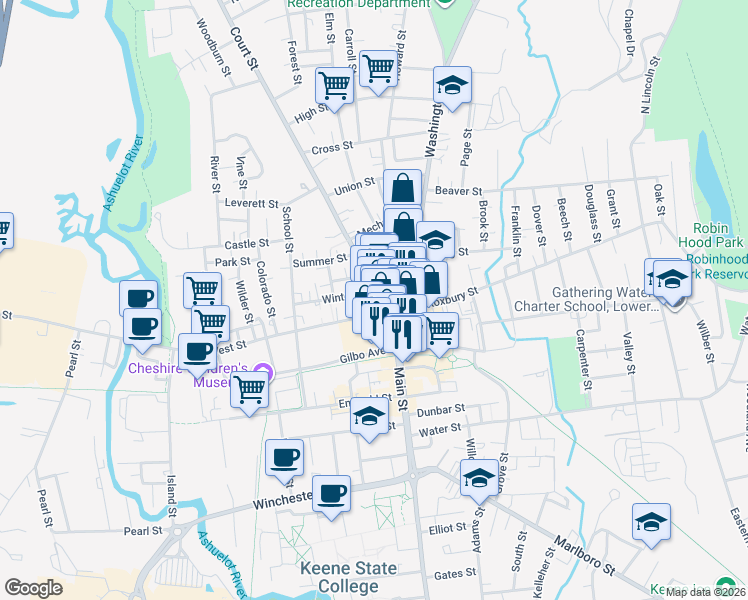 map of restaurants, bars, coffee shops, grocery stores, and more near 7 Court Street in Keene