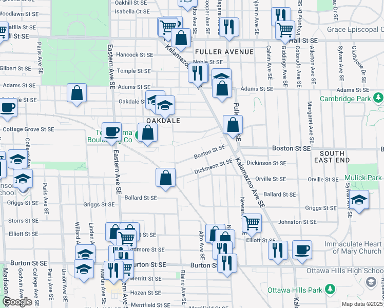 map of restaurants, bars, coffee shops, grocery stores, and more near 1041 Boston Street Southeast in Grand Rapids