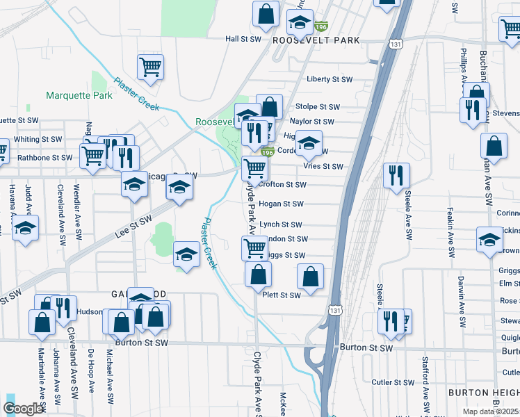 map of restaurants, bars, coffee shops, grocery stores, and more near 756 Hogan Street Southwest in Grand Rapids