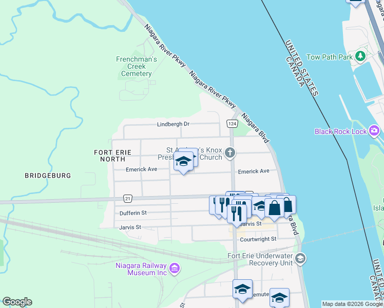 map of restaurants, bars, coffee shops, grocery stores, and more near 246 Highland Avenue in Fort Erie