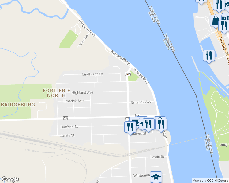 map of restaurants, bars, coffee shops, grocery stores, and more near 224 Highland Avenue in Fort Erie