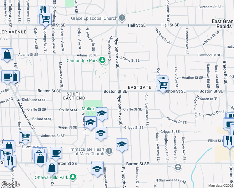 map of restaurants, bars, coffee shops, grocery stores, and more near 1800 Boston Street Southeast in Grand Rapids