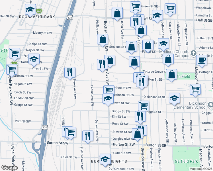 map of restaurants, bars, coffee shops, grocery stores, and more near 212 Fox Street Southwest in Grand Rapids