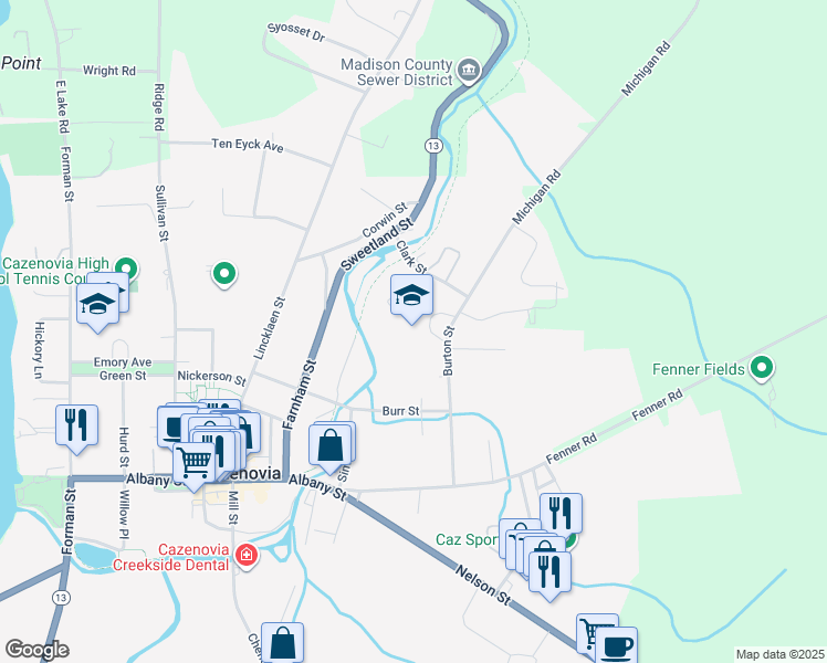 map of restaurants, bars, coffee shops, grocery stores, and more near 37 Burton Street in Cazenovia