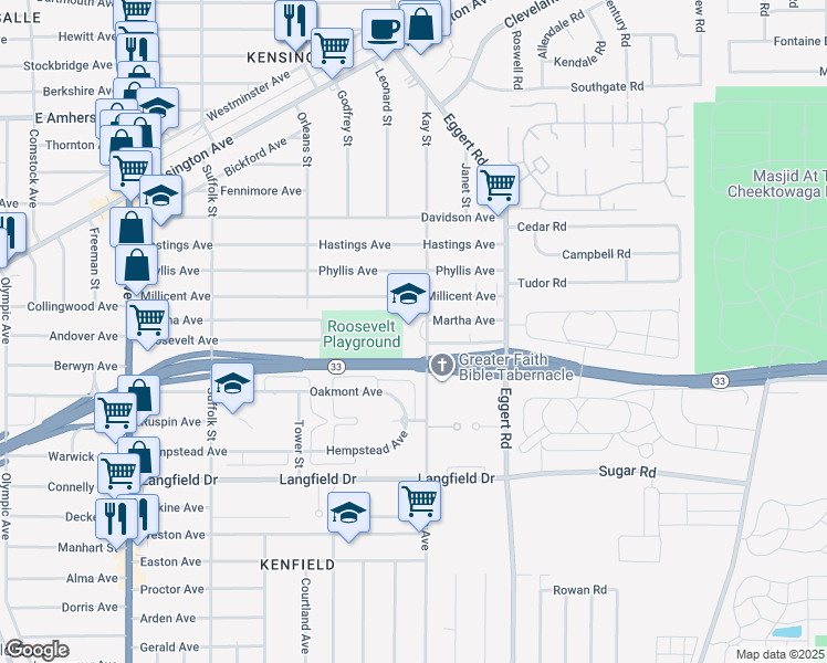 map of restaurants, bars, coffee shops, grocery stores, and more near 404 Edison Avenue in Buffalo