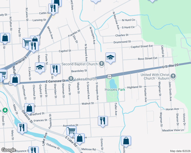 map of restaurants, bars, coffee shops, grocery stores, and more near 179 East Genesee Street in Auburn