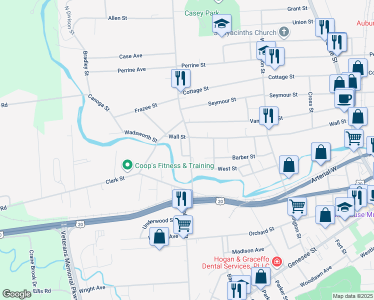 map of restaurants, bars, coffee shops, grocery stores, and more near 3 Sheldon Avenue in Auburn