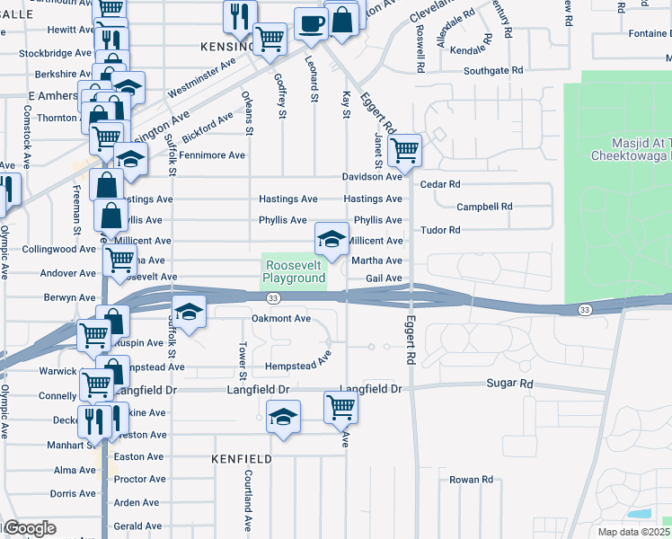 map of restaurants, bars, coffee shops, grocery stores, and more near 404 Edison Avenue in Buffalo