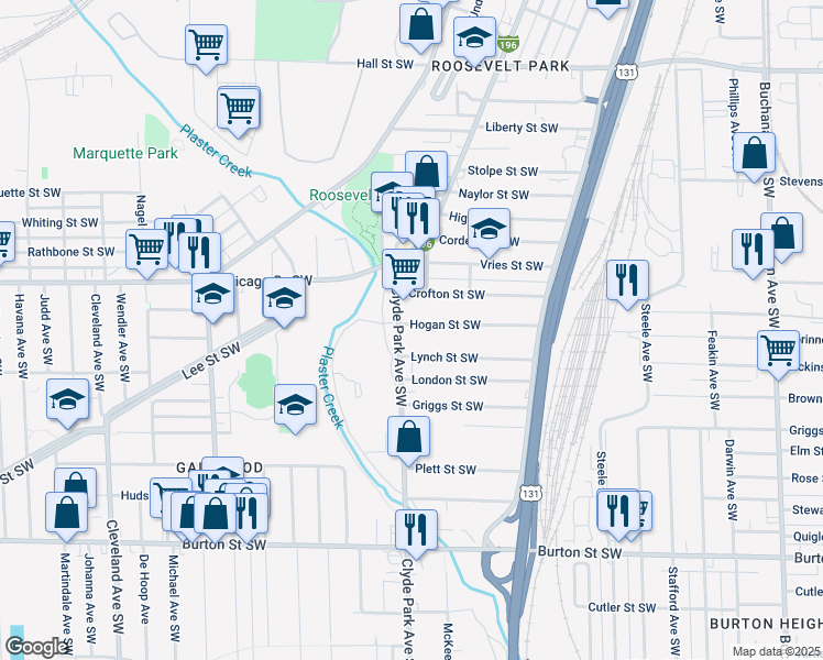 map of restaurants, bars, coffee shops, grocery stores, and more near 756 Hogan Street Southwest in Grand Rapids