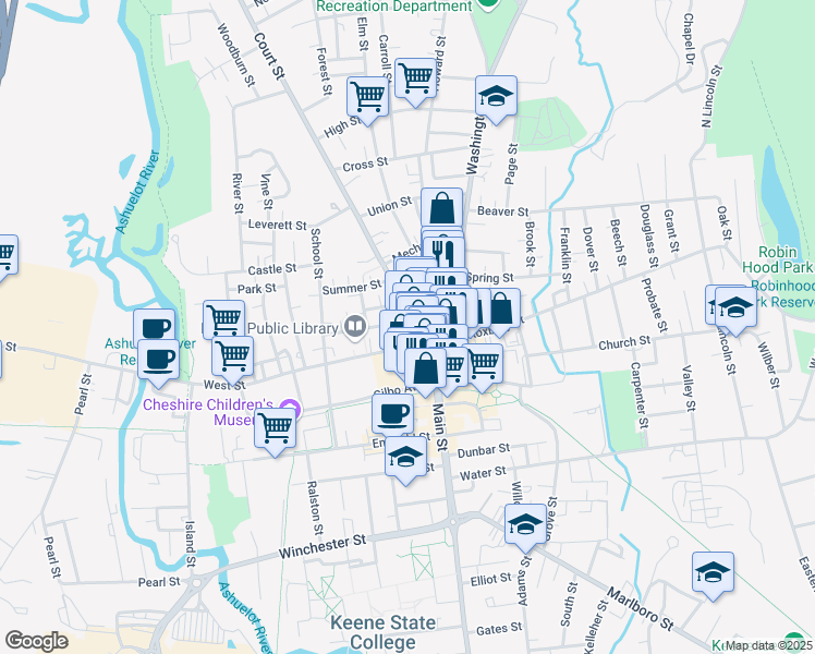 map of restaurants, bars, coffee shops, grocery stores, and more near 39 Central Square in Keene