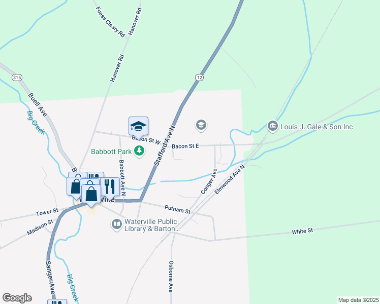 map of restaurants, bars, coffee shops, grocery stores, and more near 144 Bacon Street East in Waterville