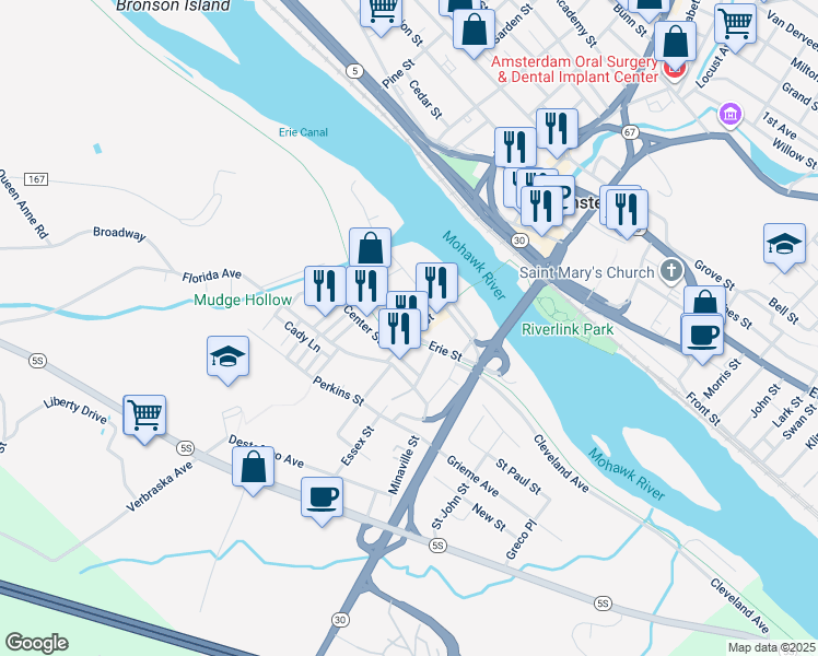 map of restaurants, bars, coffee shops, grocery stores, and more near 65 Bridge Street in Amsterdam