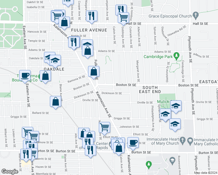 map of restaurants, bars, coffee shops, grocery stores, and more near 1262 Boston Street Southeast in Grand Rapids