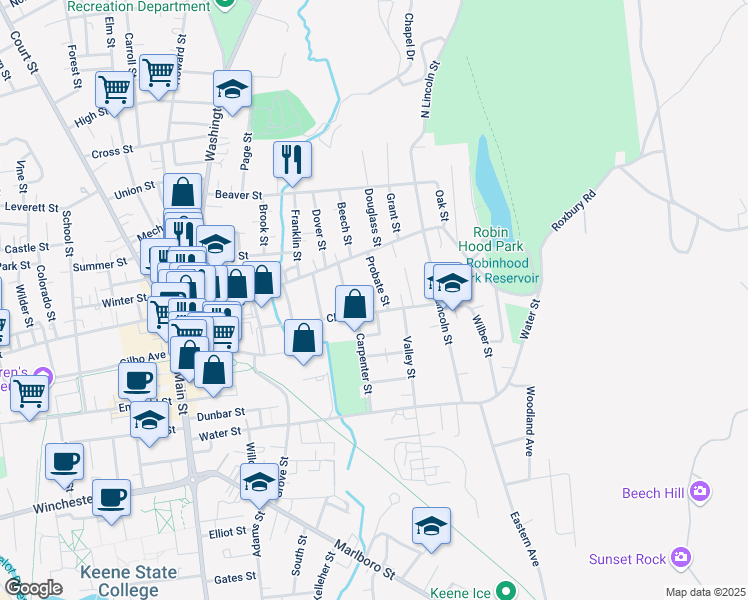 map of restaurants, bars, coffee shops, grocery stores, and more near 41 Probate Street in Keene