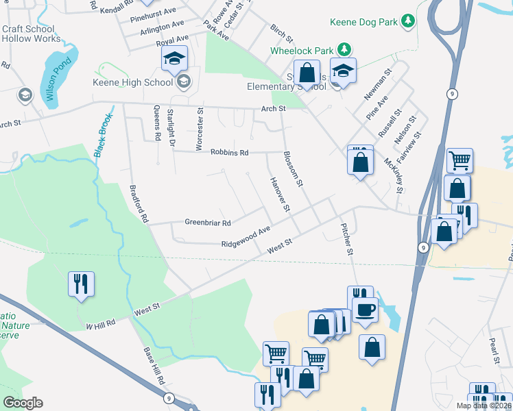 map of restaurants, bars, coffee shops, grocery stores, and more near 11 Salisbury Road in Keene