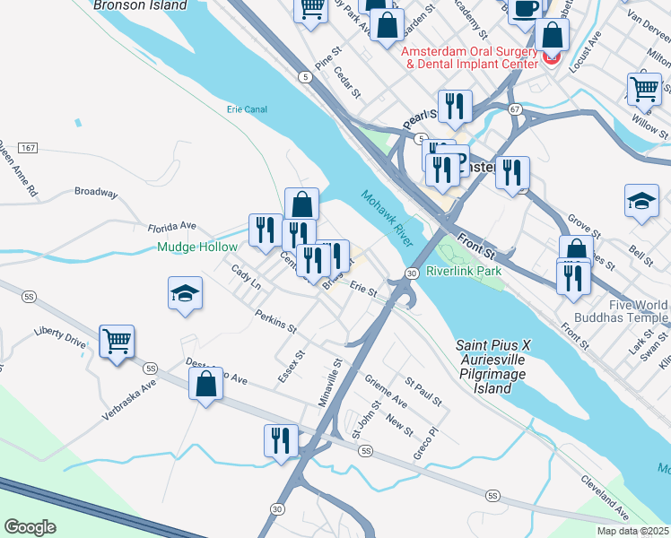 map of restaurants, bars, coffee shops, grocery stores, and more near 65 Bridge Street in Amsterdam