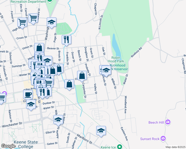 map of restaurants, bars, coffee shops, grocery stores, and more near 260 Church Street in Keene