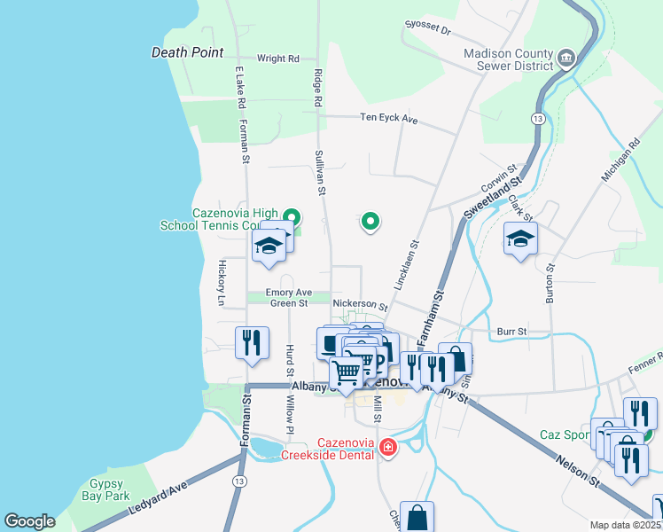 map of restaurants, bars, coffee shops, grocery stores, and more near Sullivan Street in Cazenovia