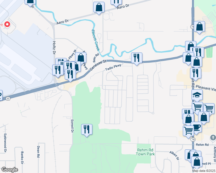 map of restaurants, bars, coffee shops, grocery stores, and more near 4 Tadio Parkway in Buffalo