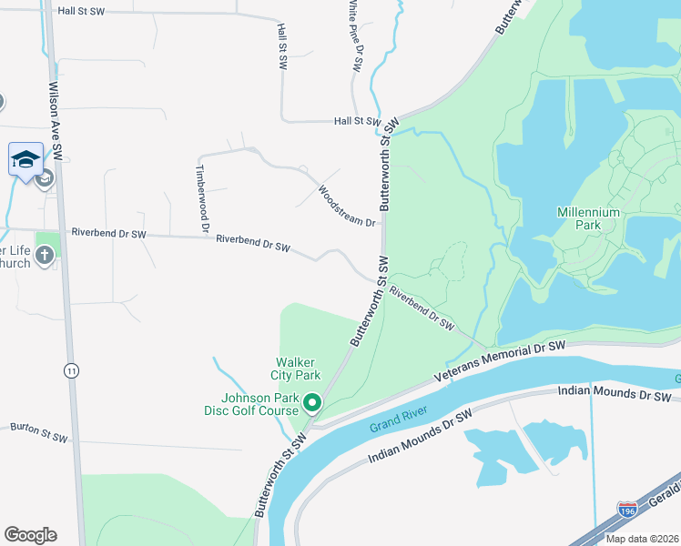 map of restaurants, bars, coffee shops, grocery stores, and more near 3850 Riverbend Drive Southwest in Grand Rapids