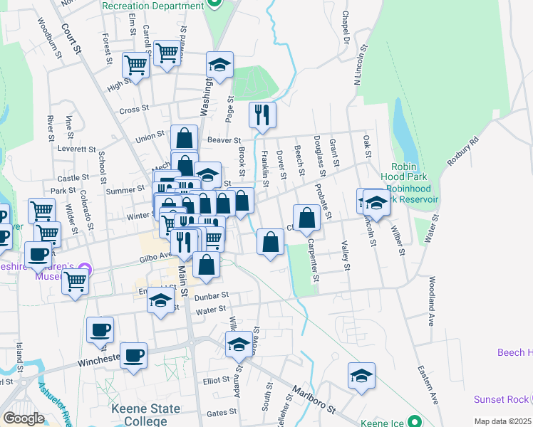 map of restaurants, bars, coffee shops, grocery stores, and more near 139 Roxbury Street in Keene