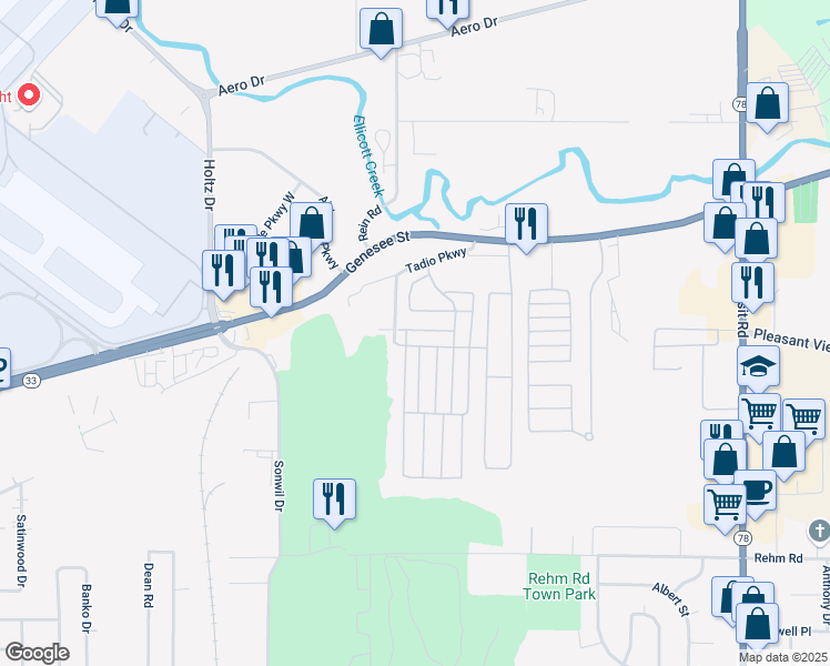 map of restaurants, bars, coffee shops, grocery stores, and more near 4 Tadio Parkway in Buffalo