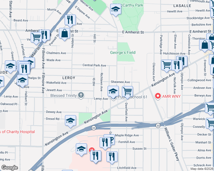 map of restaurants, bars, coffee shops, grocery stores, and more near 64 Marigold Avenue in Buffalo