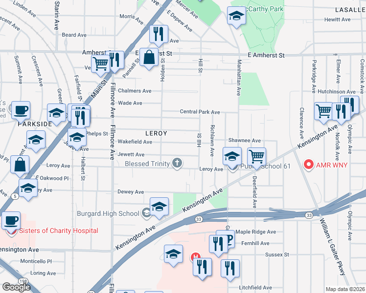 map of restaurants, bars, coffee shops, grocery stores, and more near 182 Wakefield Avenue in Buffalo