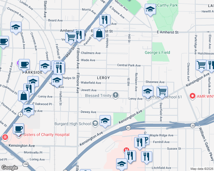 map of restaurants, bars, coffee shops, grocery stores, and more near 98 Wakefield Avenue in Buffalo