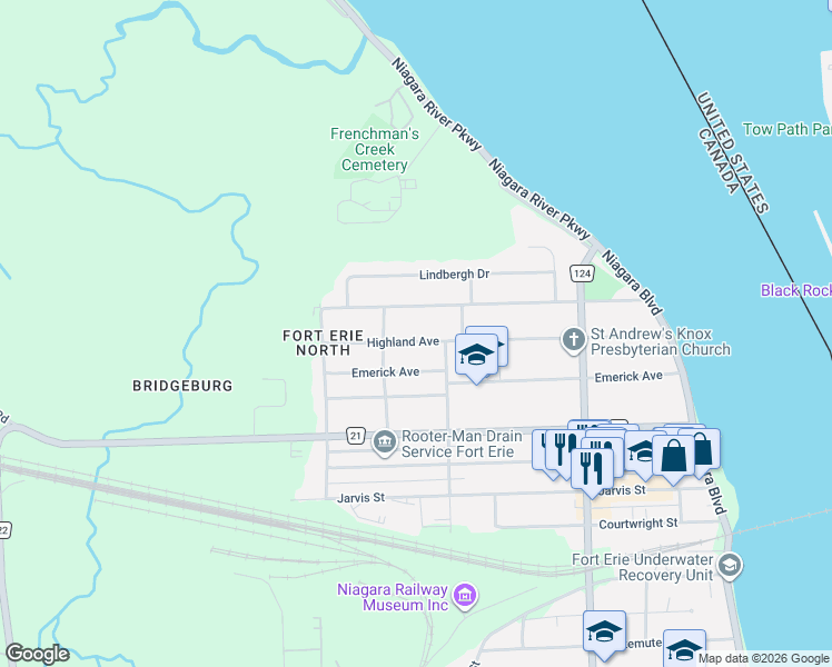 map of restaurants, bars, coffee shops, grocery stores, and more near in Fort Erie