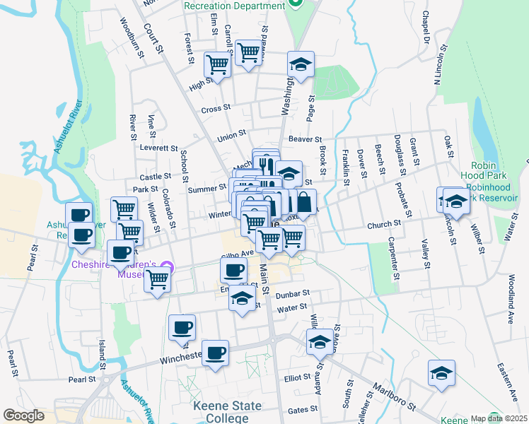 map of restaurants, bars, coffee shops, grocery stores, and more near 11 Washington Street in Keene
