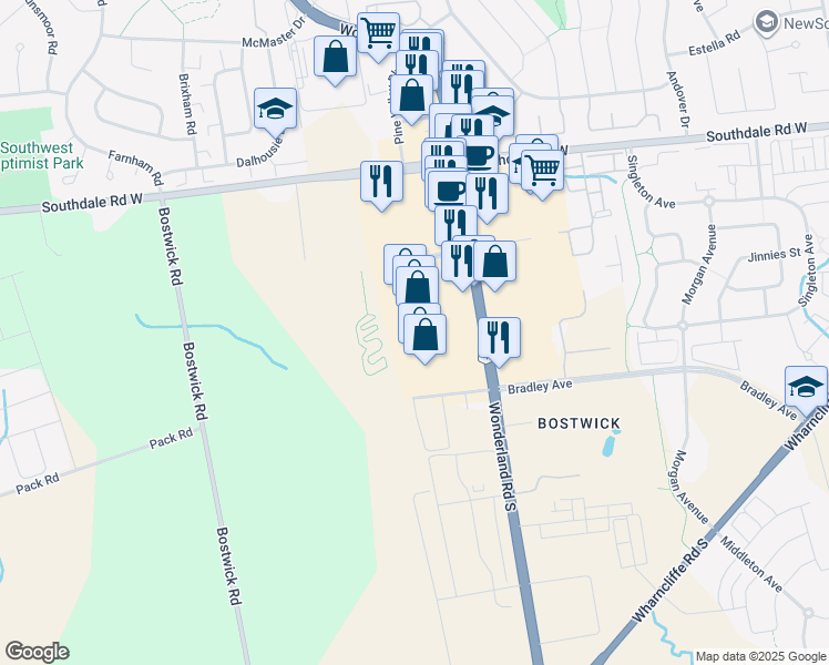 map of restaurants, bars, coffee shops, grocery stores, and more near 3075 Wonderland Road South in London