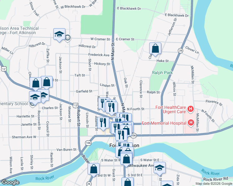 map of restaurants, bars, coffee shops, grocery stores, and more near 508 North Main Street in Fort Atkinson