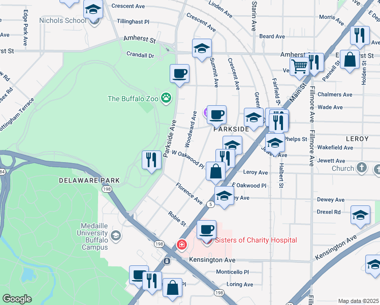 map of restaurants, bars, coffee shops, grocery stores, and more near 195 Woodward Avenue in Buffalo