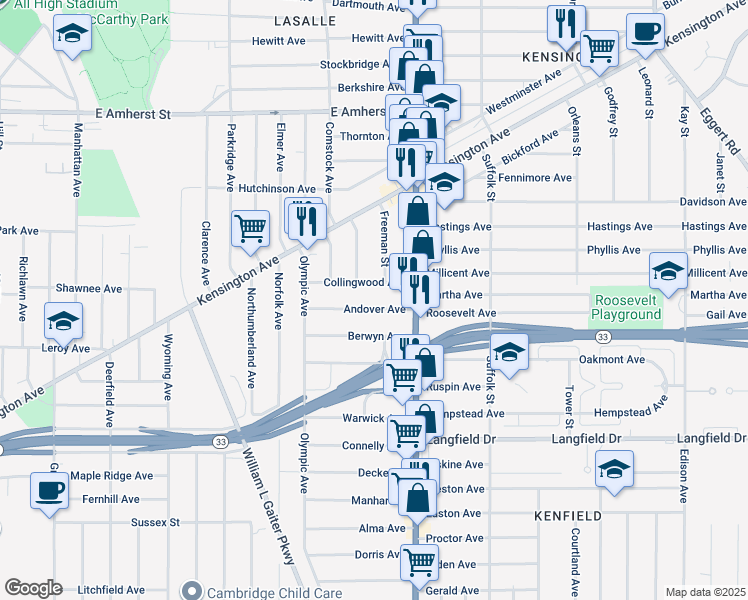 map of restaurants, bars, coffee shops, grocery stores, and more near 63 Collingwood Avenue in Buffalo