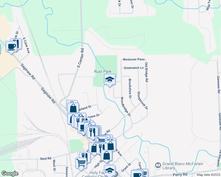 map of restaurants, bars, coffee shops, grocery stores, and more near 11240 Woodbridge Drive in Grand Blanc