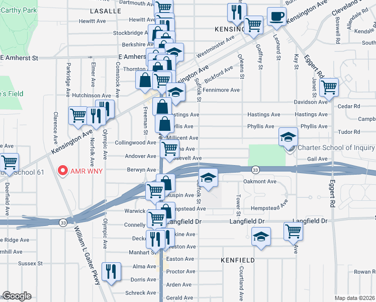 map of restaurants, bars, coffee shops, grocery stores, and more near 59 Martha Avenue in Buffalo