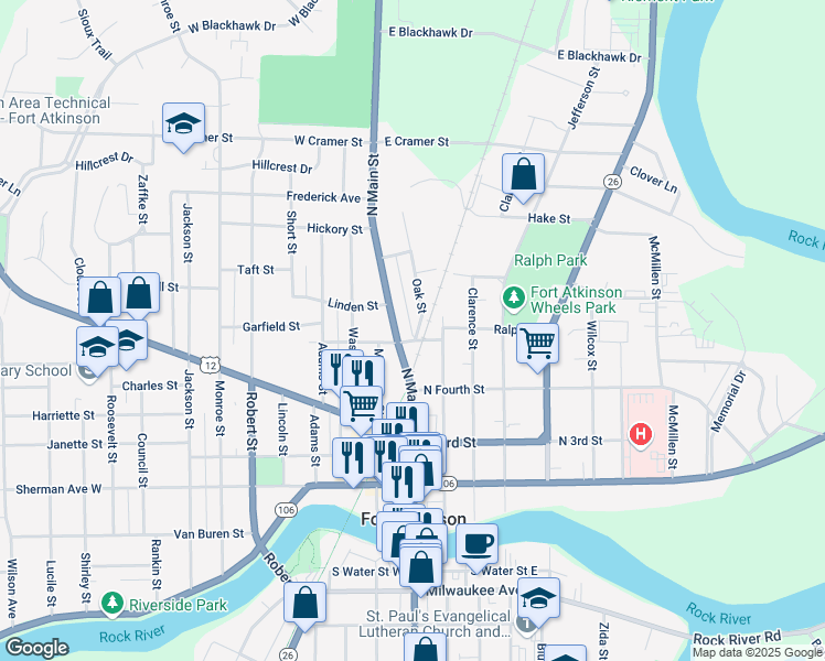 map of restaurants, bars, coffee shops, grocery stores, and more near 508 North Main Street in Fort Atkinson