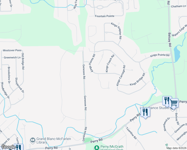 map of restaurants, bars, coffee shops, grocery stores, and more near 1385 Kings Crest Cir in Grand Blanc