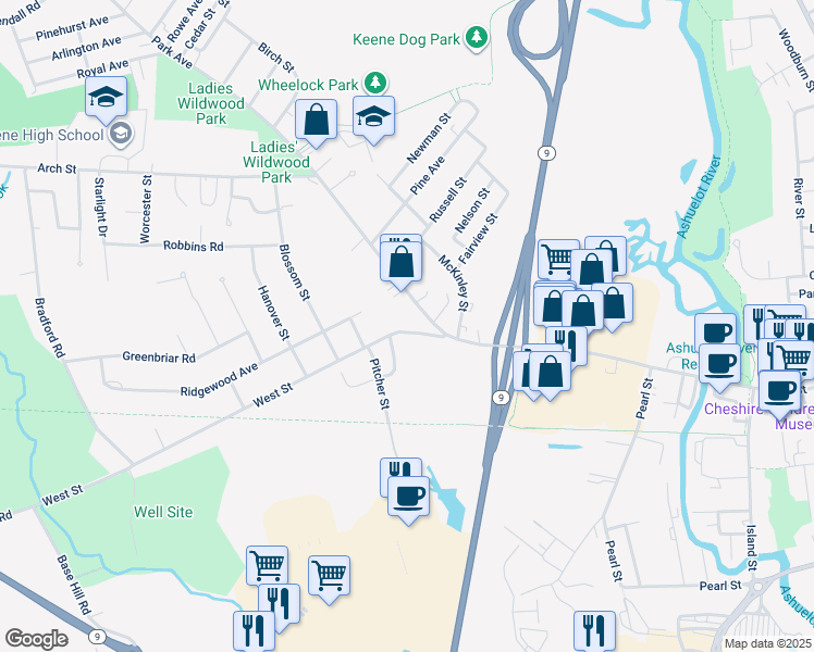 map of restaurants, bars, coffee shops, grocery stores, and more near 567 West Street in Keene