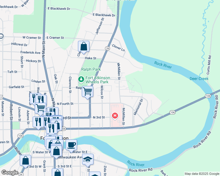 map of restaurants, bars, coffee shops, grocery stores, and more near 430 Wilcox Street in Fort Atkinson