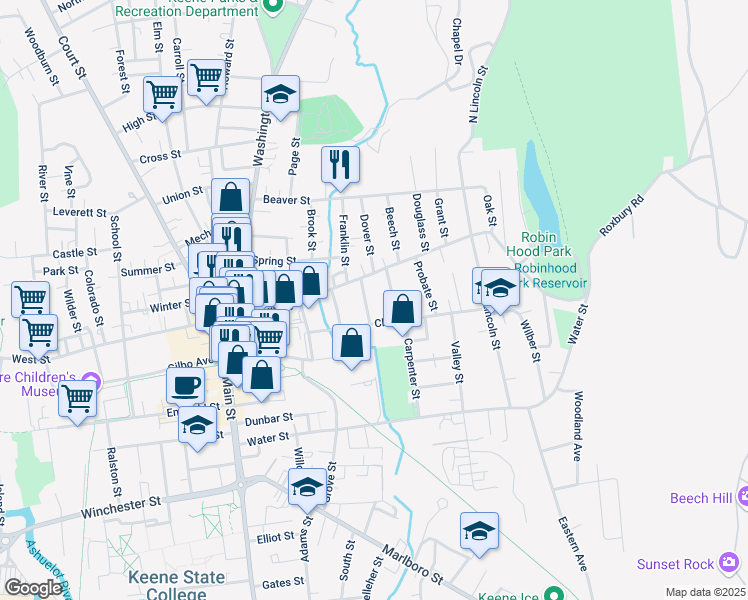 map of restaurants, bars, coffee shops, grocery stores, and more near 17 Edwards Street in Keene