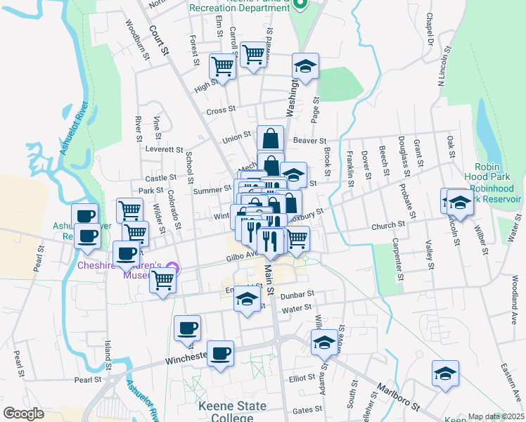 map of restaurants, bars, coffee shops, grocery stores, and more near 7 Court Street in Keene