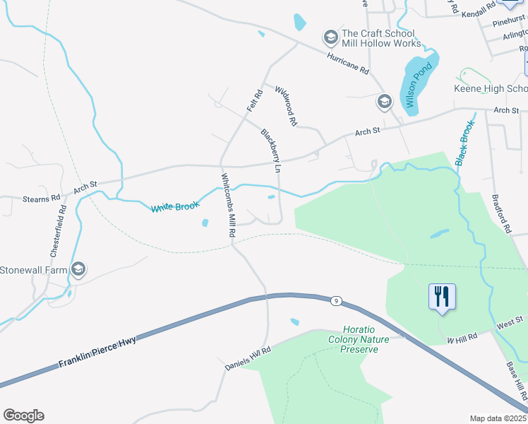 map of restaurants, bars, coffee shops, grocery stores, and more near Cheshire Rail Trail in Keene