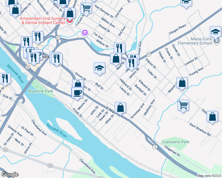 map of restaurants, bars, coffee shops, grocery stores, and more near 54 Jay Street in Amsterdam