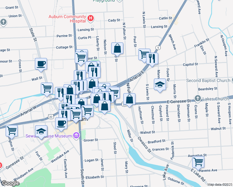 map of restaurants, bars, coffee shops, grocery stores, and more near 14 John Street in Auburn