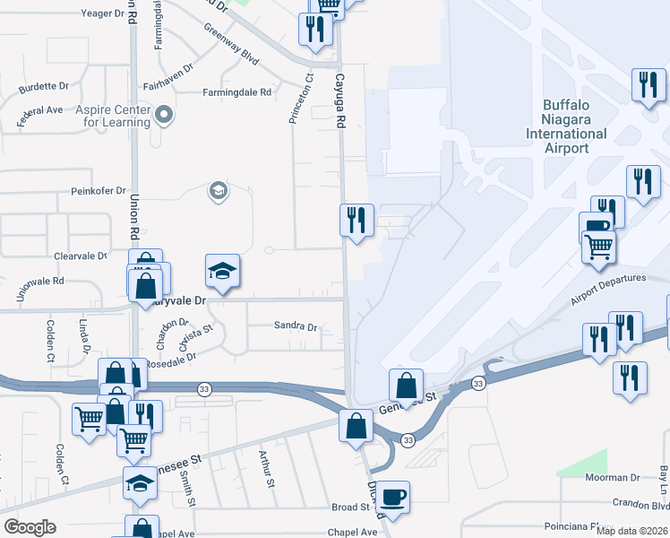 map of restaurants, bars, coffee shops, grocery stores, and more near 245 Cayuga Road in Cheektowaga