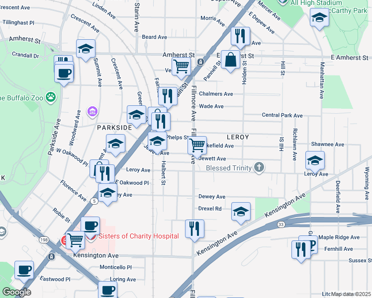 map of restaurants, bars, coffee shops, grocery stores, and more near 47 Phelps Street in Buffalo