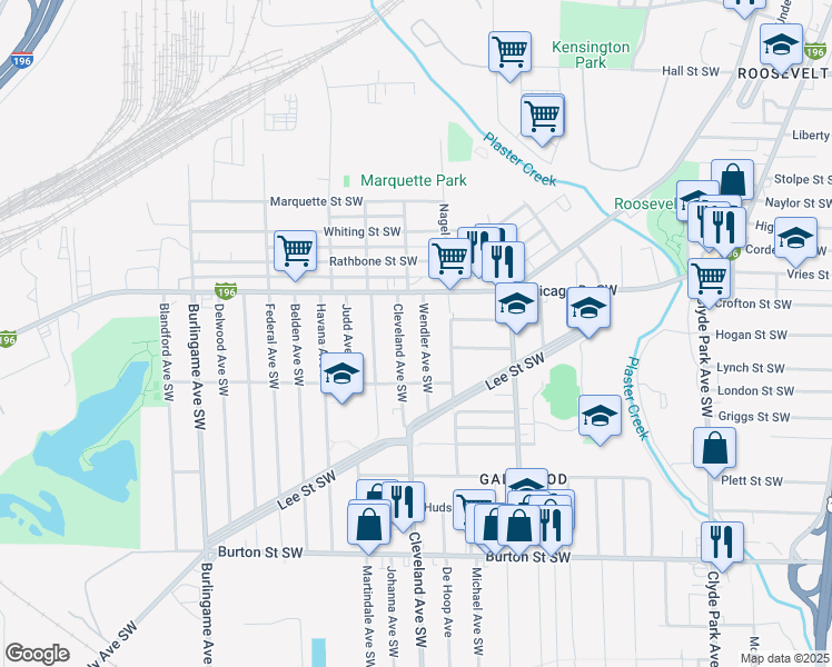 map of restaurants, bars, coffee shops, grocery stores, and more near 1634 Cleveland Avenue Southwest in Wyoming